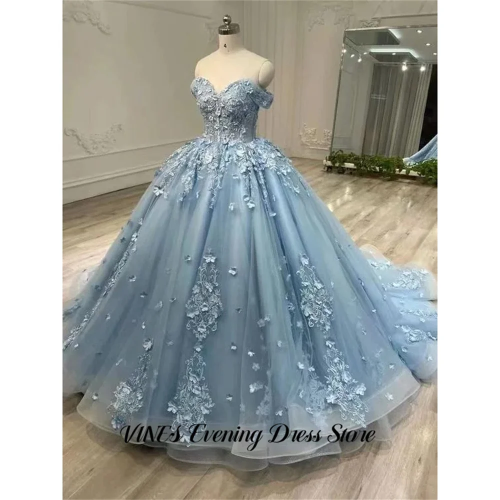 

VINES Blue Party Dress Sweetheart A Line Evening Dress Tulle Party Gown with Floral Appliques Prom Gown for Women Customized