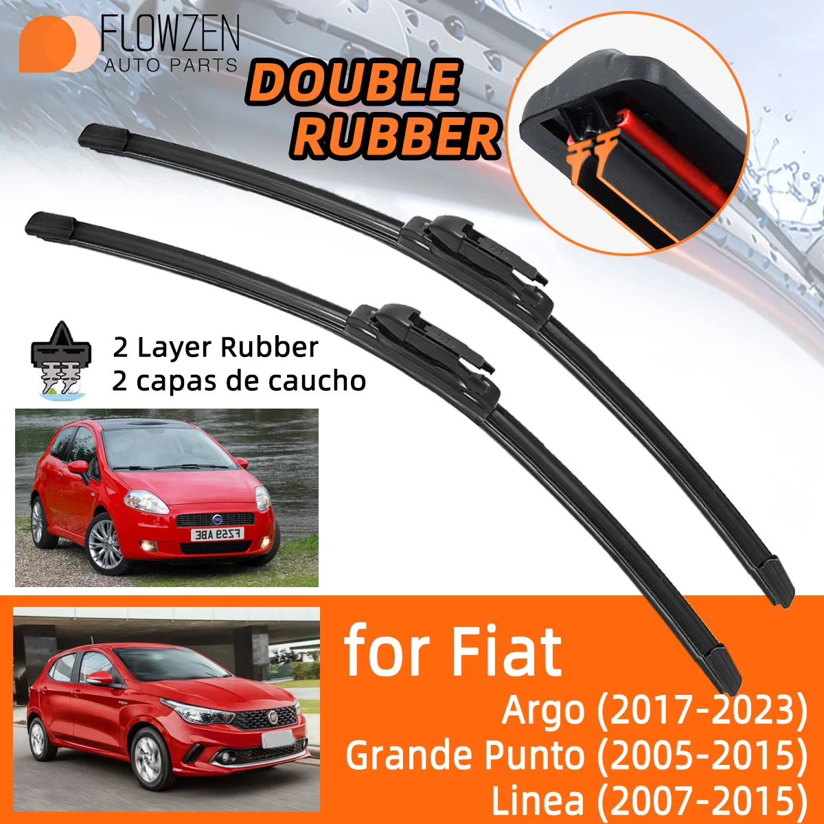 Car Wiper Blades for Fiat Argo 2017-2023 / Grande Punto 2005-2015 / Linea 2007-2015 Double Rubber Car Wipers Winter Summer