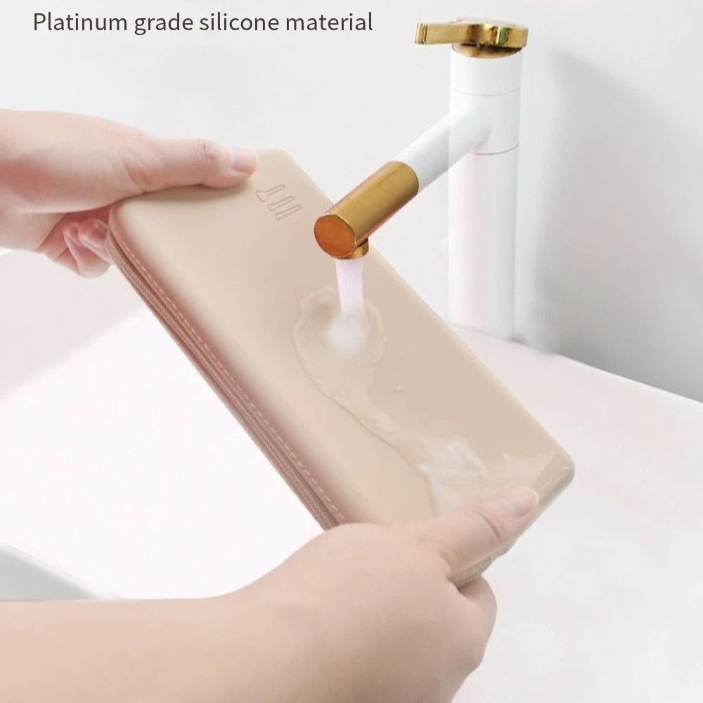 Bolsa de cosméticos de silicona de Color sólido, rectángulo con cremallera, estuche para brochas de maquillaje, artículos de tocador portátiles impermeables, bolsa para auriculares