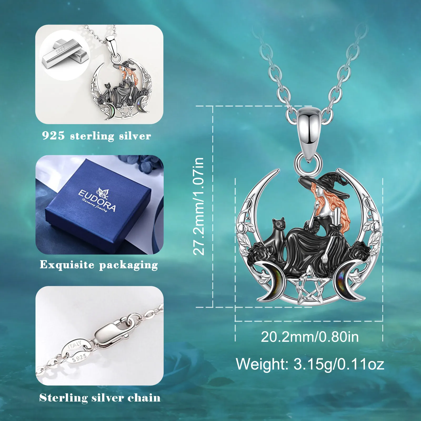 Eudora 925 Sterling Silver Crescent Moon Witch Black Cat Necklace Pentagram Triple Moon Goddess Pendant Wiccan Pagan Jewelry