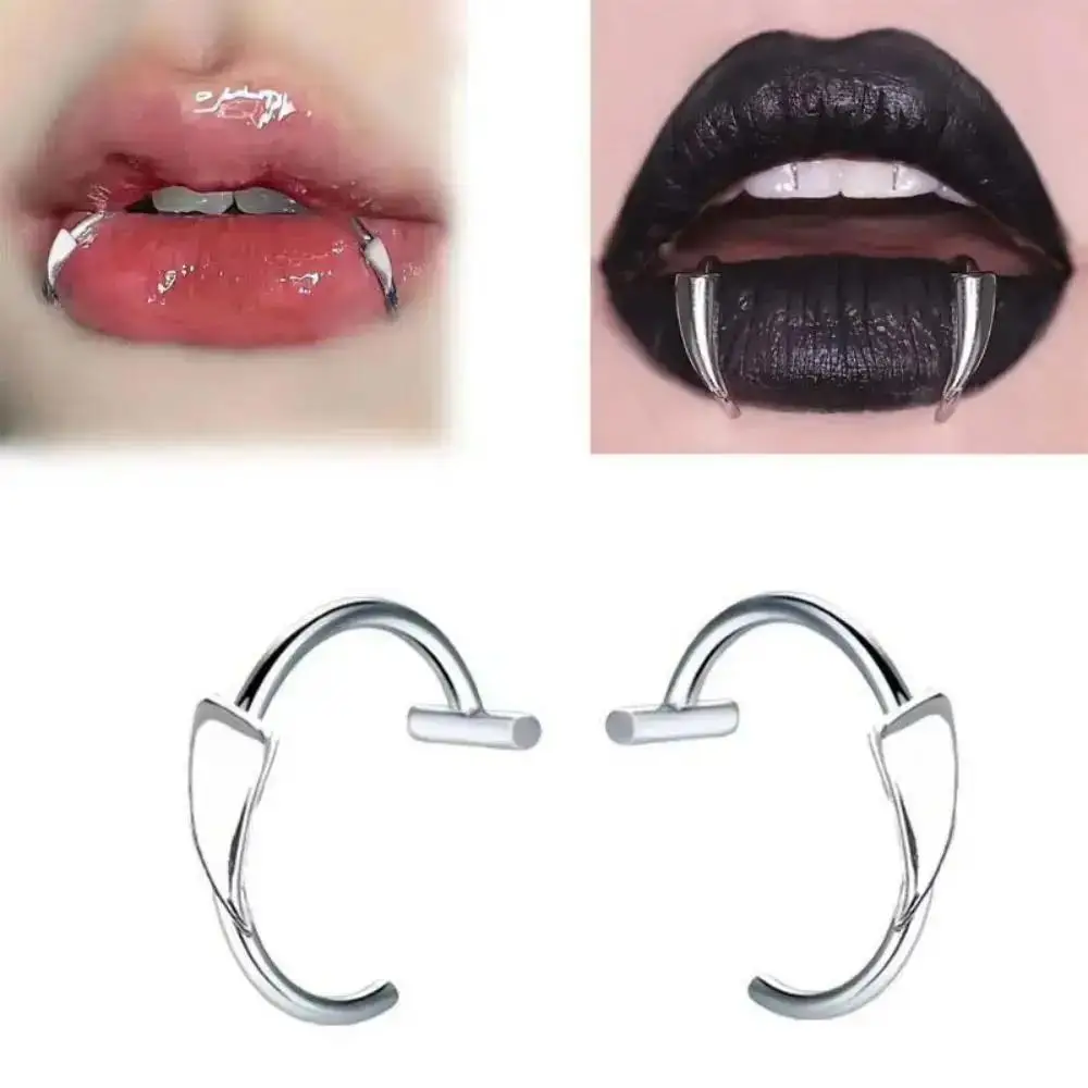 Gothic Style Silvery Fang Clip-On Lip Rings 1 Pair Body Jewelry for Women and Men Punk Lip Stud Non-Piercing Jewelry