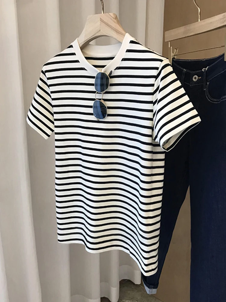 Summer Special Striped Short Sleeve T-Shirt Women's Loose Fit round Neck Slimming Versatile Cotton Casual Commute Style