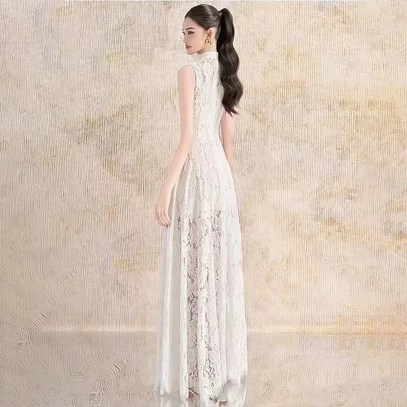 Neues weißes Spitzen-Maxikleid mit Rundhalsausschnitt, ärmellos, schmale Passform, modisch, trendig, elegant, lässig, Partykleidung