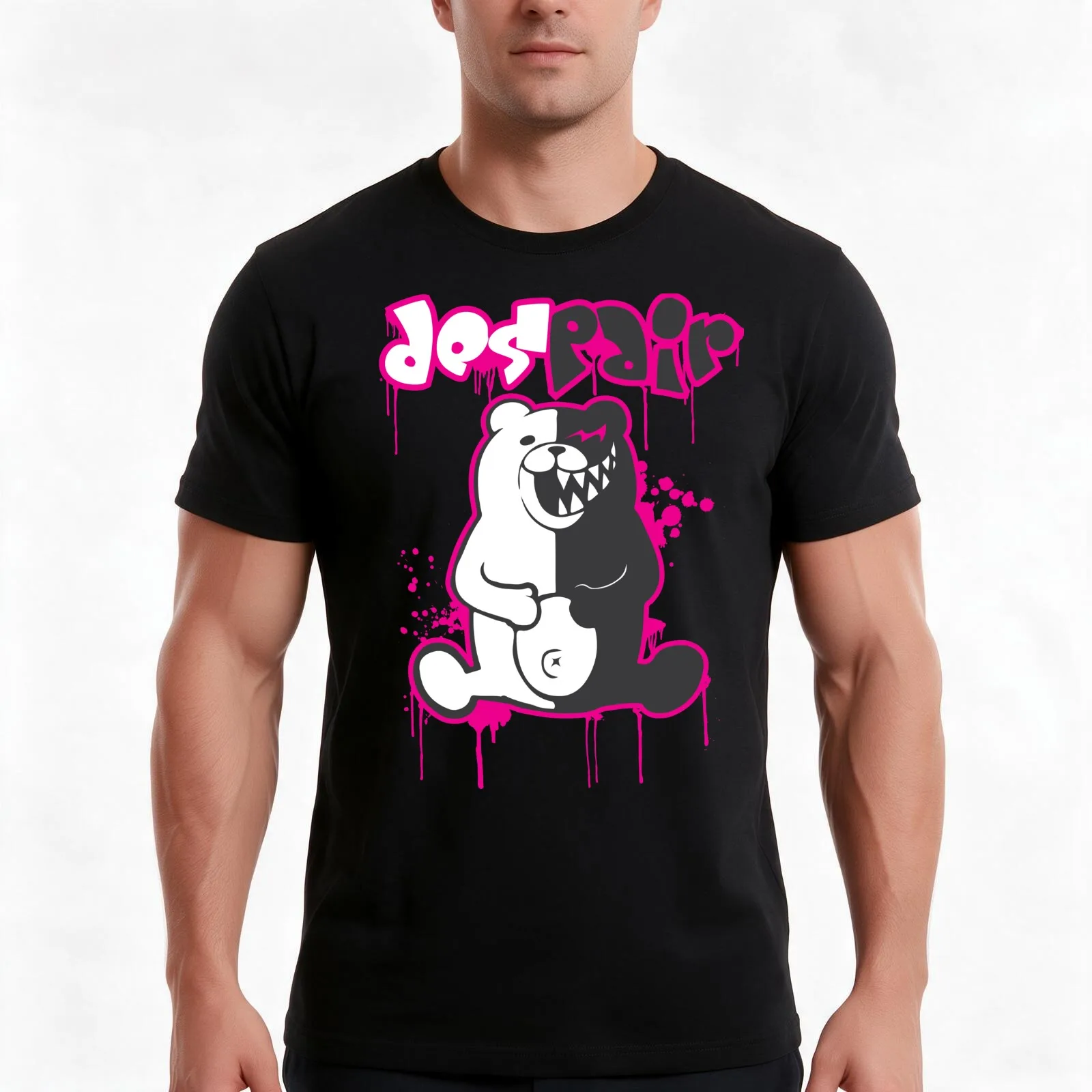 Danganronpa: Monokuma - Despair (Pink) T-Shirt Summer Casual Cotton Tee Oversized Streetwear Tops Vintage Graphic Print