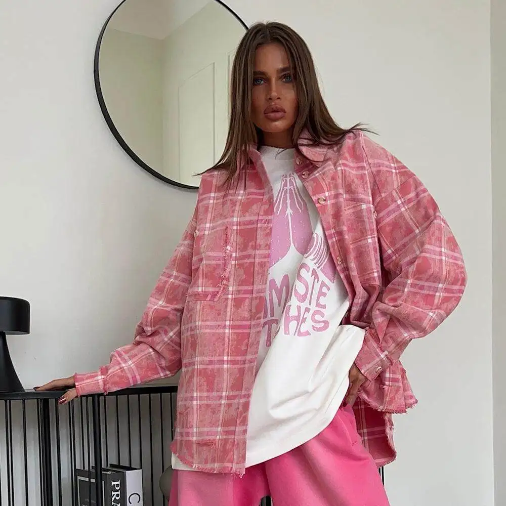 

Loose Plaid Shirt Women's Casual Style Pink Grid Patterned Spring Summer New Vintage Trendy Color Long Sleeve Printed Shirt