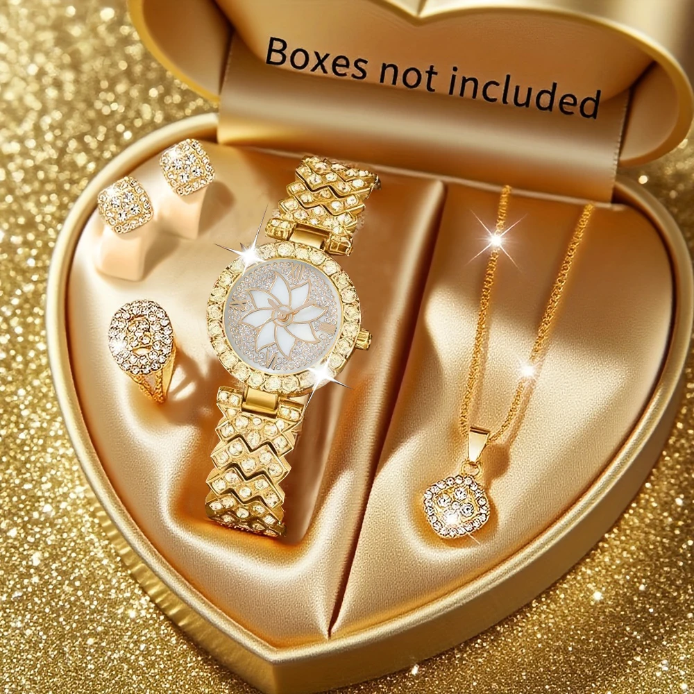 

5pcs Luxury Flower Roma Dial Women Quartz Watch Ladies Fashion Full Diamond Wristwatch With Jewelry Set Reloj Mujer(Without Box)