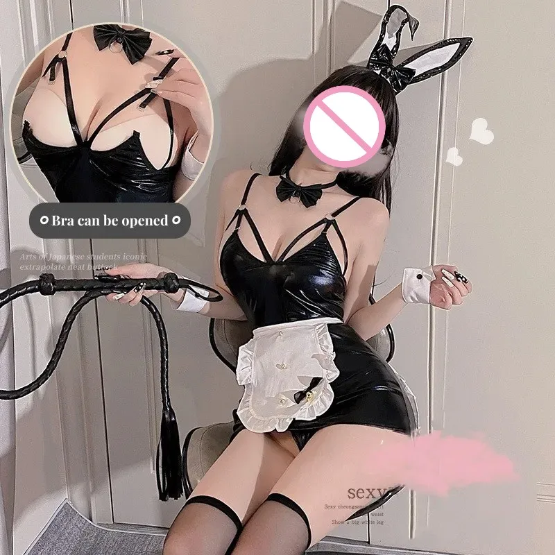 PU Leather Black and White Anime Bunny Girl Cosplay Rabbit Maid Uniform Women Sexy Lingerie Kawaii Costume Skirt Set