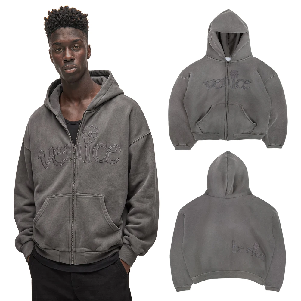 Y2k Streetwear Letter Embroidery Graphic Zip Up Hoodies Hip Hop Street Style Heavy Weight Cotton Retro Casual Zipper Hoodies Man