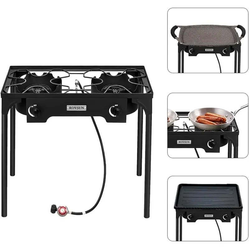 2 Burner Outdoor Propane Gas Stove with Regulator High Pressure 150000 BTU Stand Cooker for Backyard Cooking Camping Home