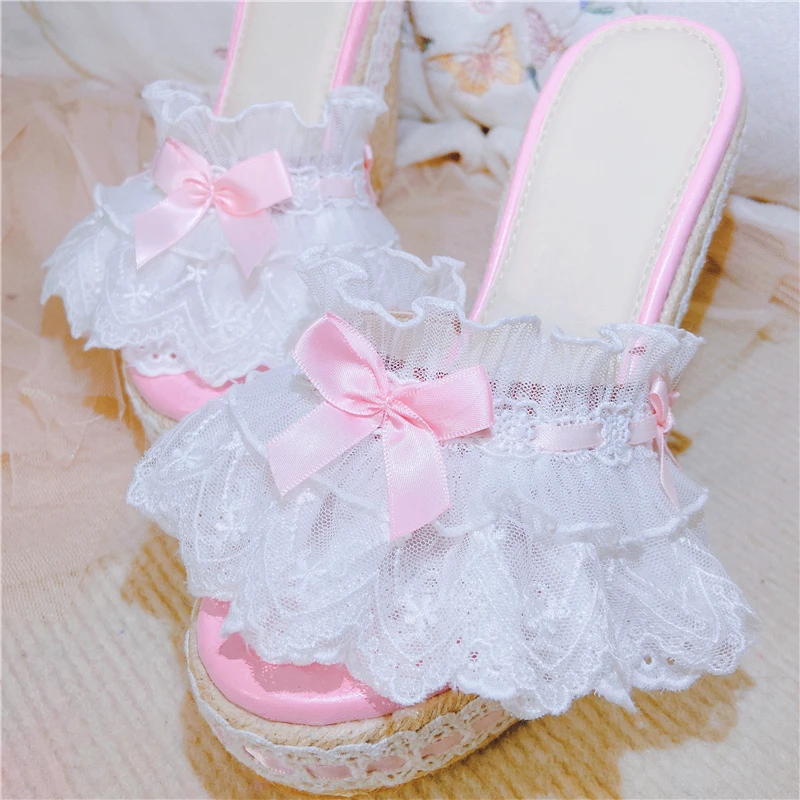 Summer New Japanese Original Lolita Lace Bow Cool Slippers Sweet Girls Open Toe Heightening Outdoor Slippers