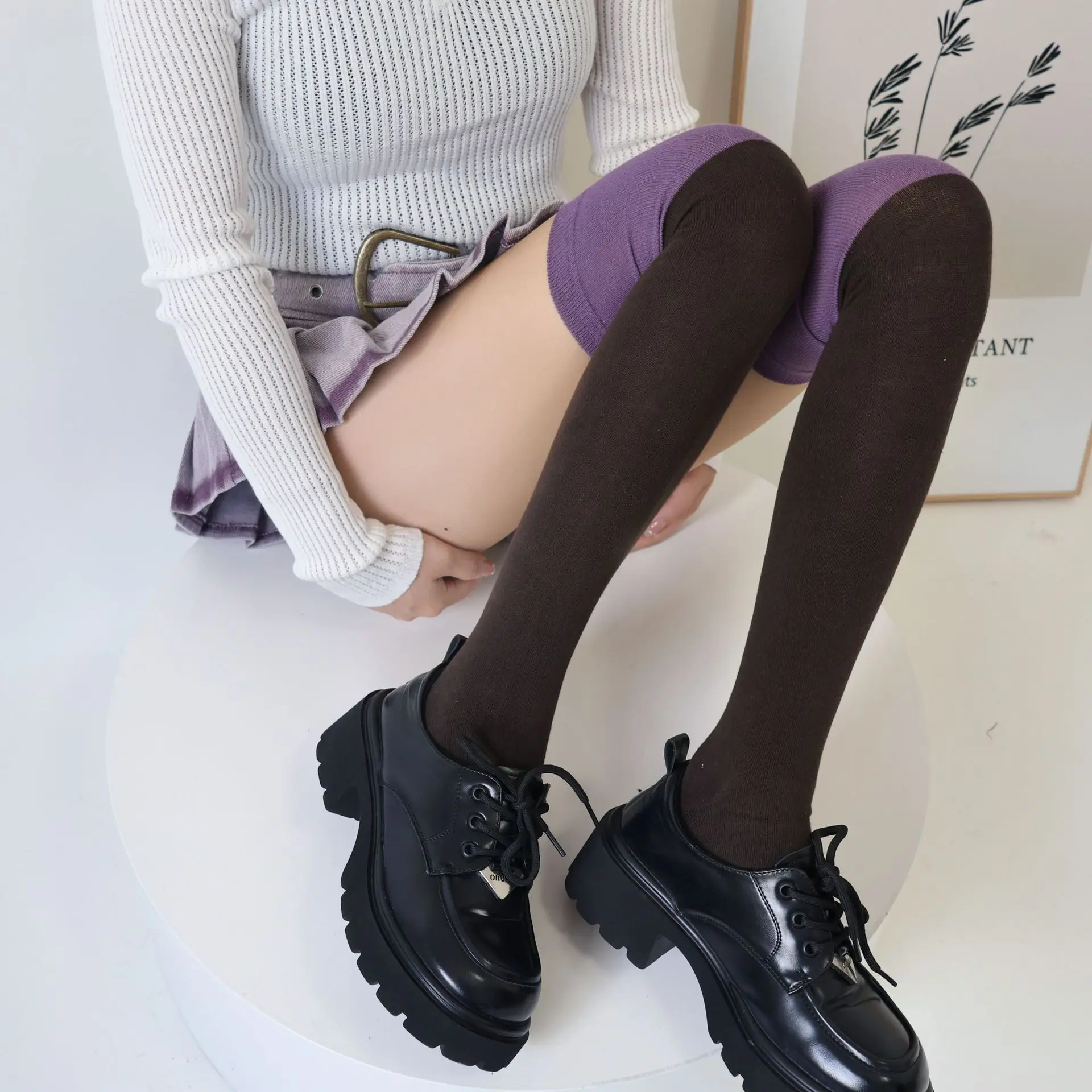 Autumn Fashion Color Matching Thick Warm Lolita Over The Knee Socks Cotton Purple Brown Patchwork Long Tube Stockings