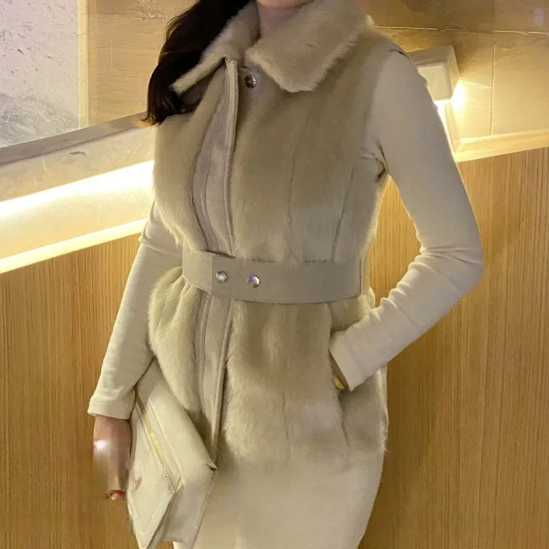Gilet Chic et décontracté pour femme, vêtement d'extérieur avec ceinture, garniture en fourrure, pour les déplacements à la taille, avec ceinture, autre fourrure, automne et hiver