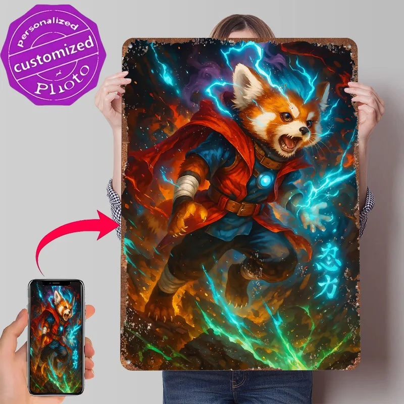 Red Panda Superhero With Lightning Powers Tinplate Poster Customized Wall Art Retro Vintage Metal Signs for Fans Decoration Home