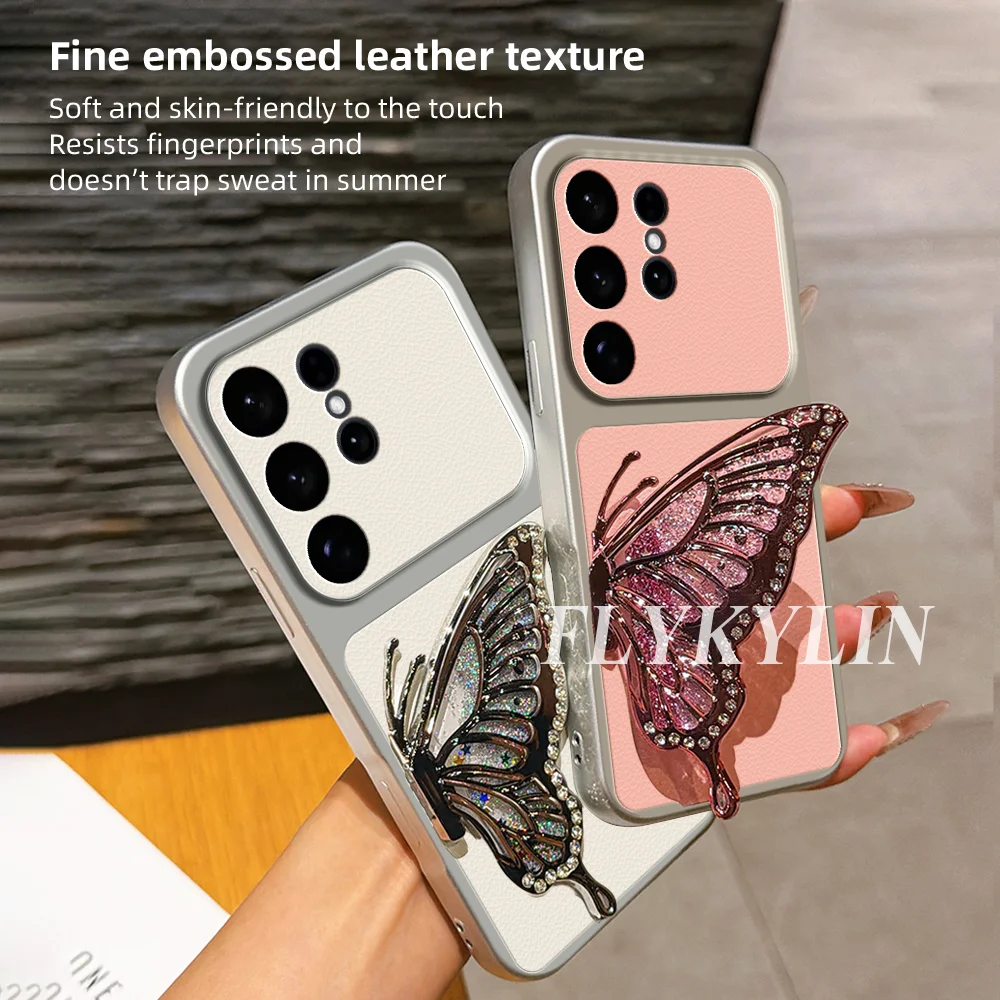 For Samsung A17 A27 A37 A57 A07 A16 A26 A36 A56 A06 Fashion Butterfly Bracket Lychee Leather Anti Drop Protective Shell