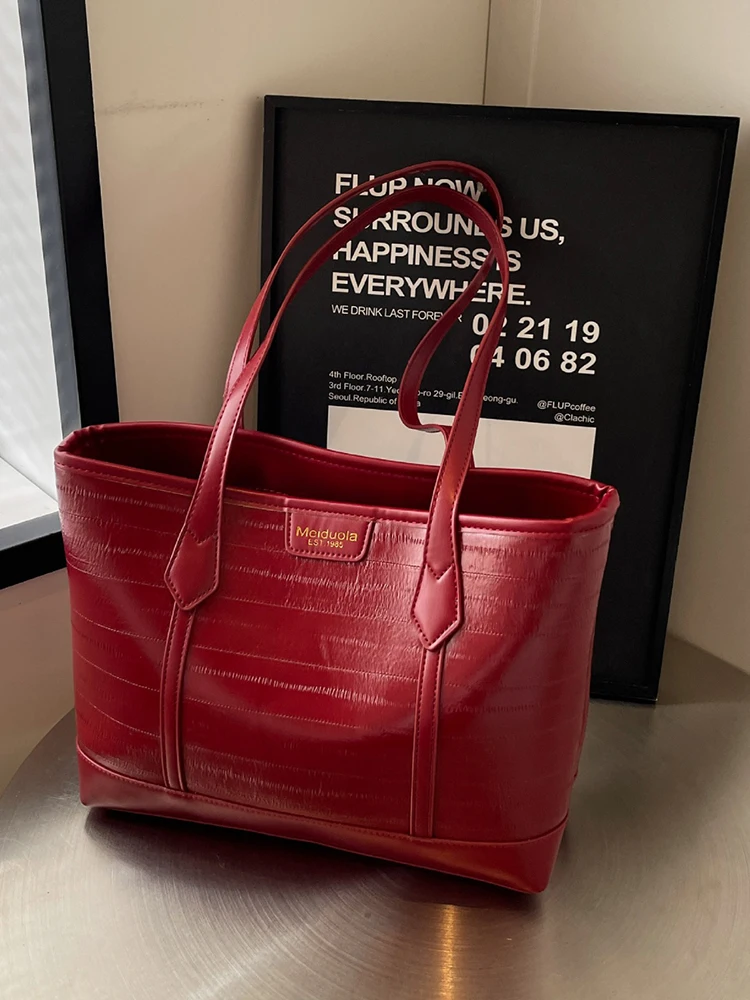 Wine Red Large Capacity Tote Bag For Women Pu Leather Leisure Commuting Shopping Shoulder Bags College Student Class Handbags