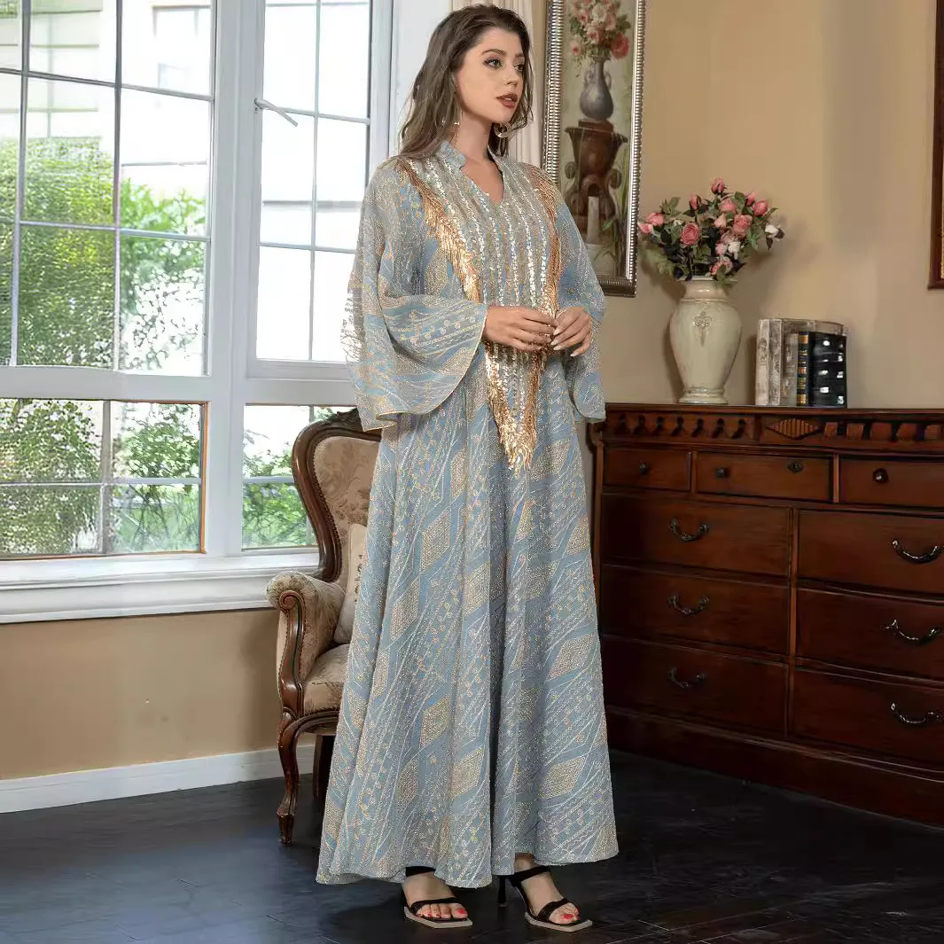 Abito da sera musulmano del Medio Oriente Abito arabo Dubai Abito a rete con ricamo Paillettes Abbigliamento da donna