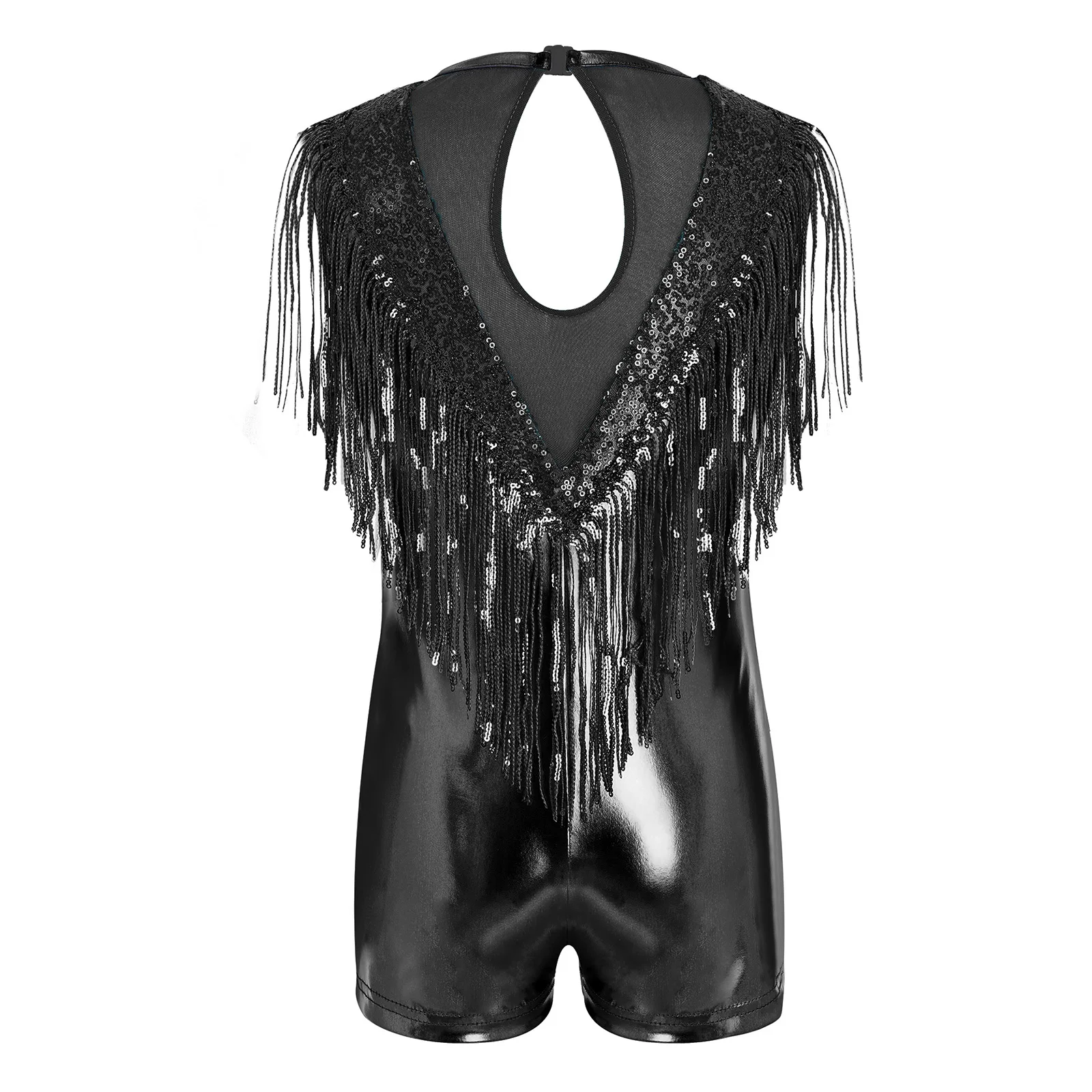 Children's 70s Disco Costume Sleeveless Bodysuit Jazz Dancewear Gymnastics Unitard Kids Girls Sequin Tassels Metallic Jumpsuit