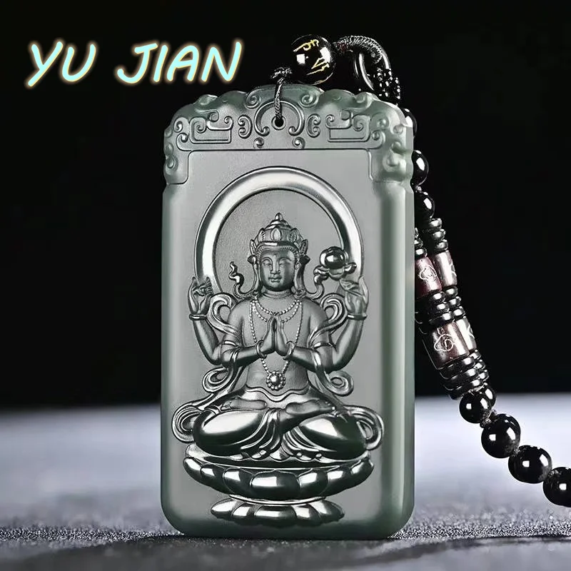 

Genuine Exquisite Hetian Blue Jadeite Carving Four-Arm Guanyin Pendant Jade Necklace Jewelry Men And Women With Chain