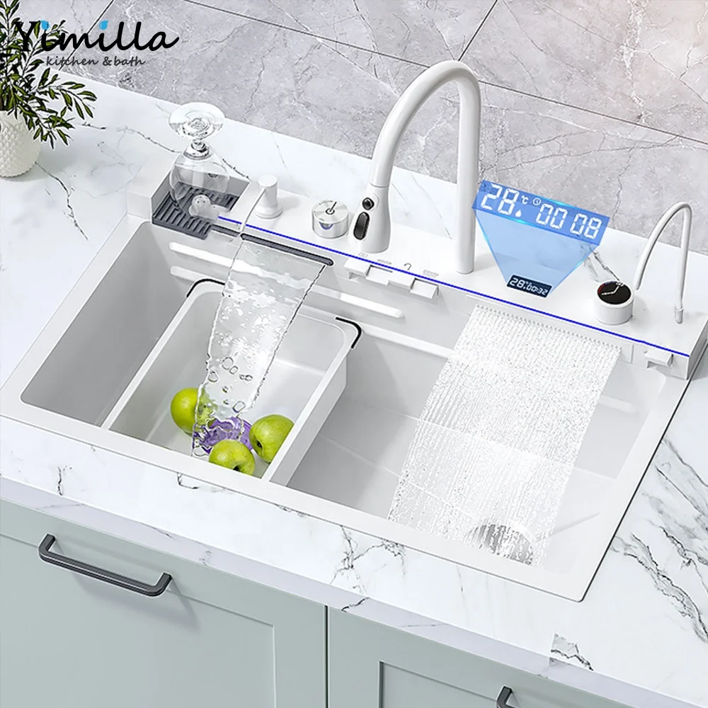 High Tech Stainless Steel Sink Single Bowl White Kitchen Sink Digital Waterfall Faucet Single Bowl Smart Kitchen Sink