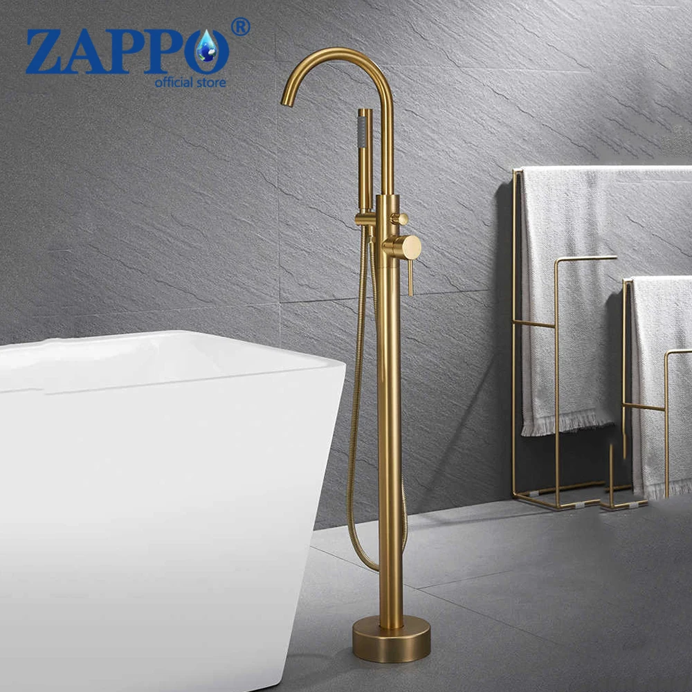 ZAPPO Free Standing Tub Shower Faucet Floor Mount Shower System BrassTub Filler High Flow Bathtub Shower Mixer Tap Set Gold