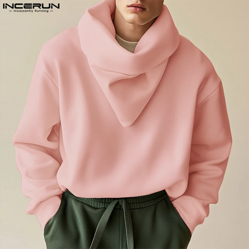 INCERUN Men Casual Handsome Hoodies Long Sleeve Pile Collar Design Solid Color Pullovers Fashion Boy Simple Commuting Jumpers