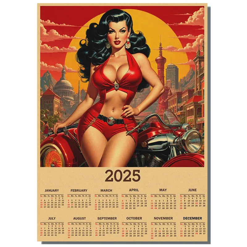 Vintage 2025 Calendar Sexy Girl Poster, Retro Kraft Print, Home Decor Aesthetic,Wall Art Paintings, Bar Room Decoration Mural