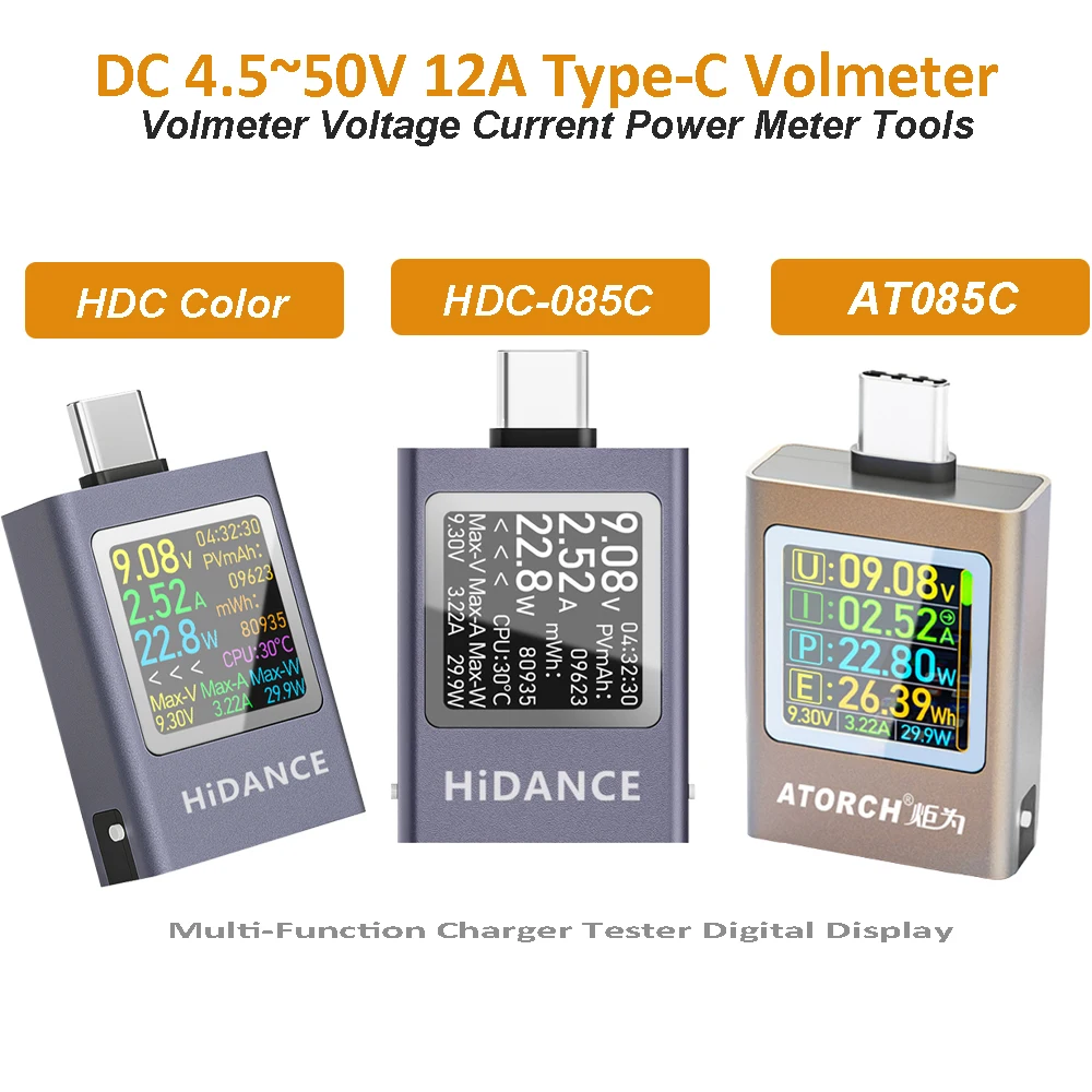 Volímetro Display Digital e Amperímetro com Multi-Function, Charger Tester, Tensão atual e medidor de energia, DC 4.5 ~ 50V, 12A, HDC-085C