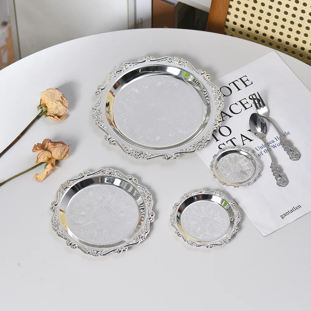 Retro Luxury Silver Trays Plates Cake Dessert Tray High Tea Snack Fruit Dish Jewelry Storage Tabletop Decor Home Hotel Supplies