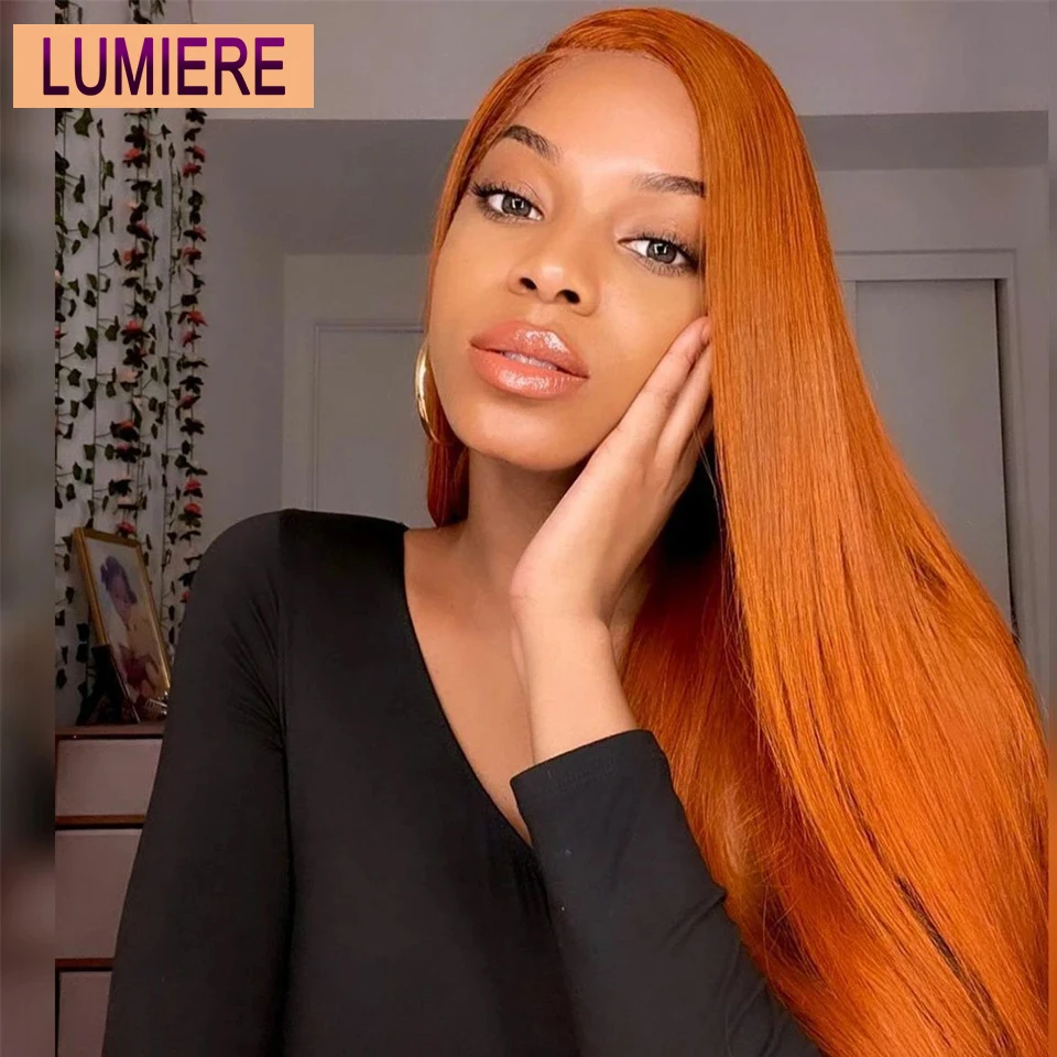 Lumiere-peluca Frontal de encaje naranja jengibre, cabello humano liso 13x4 HD, transparente, prearrancado con cabello de bebé