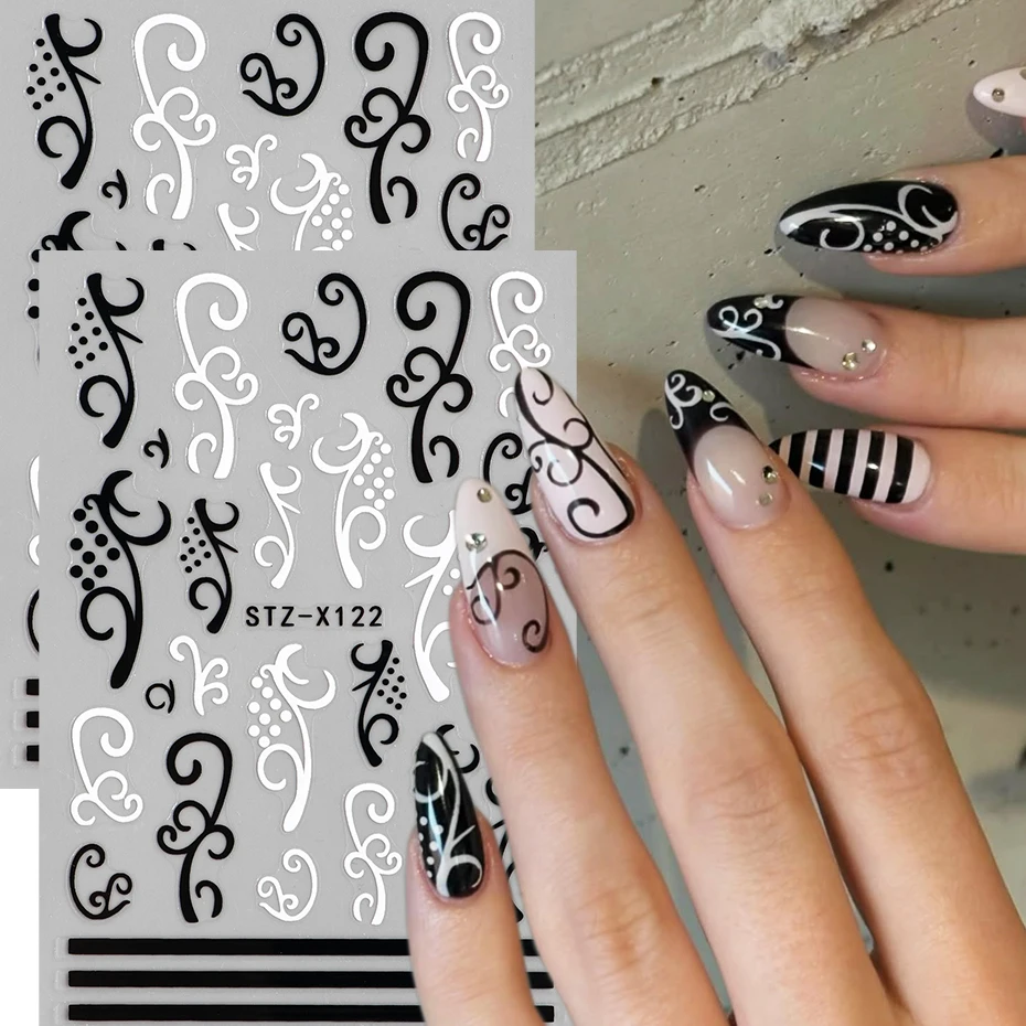 Vine Flower Nail Stickers Vintage Black White Vine Pattern Nail Decals Self-Adhesive Nail Sticker for DIY Manicure Decorations