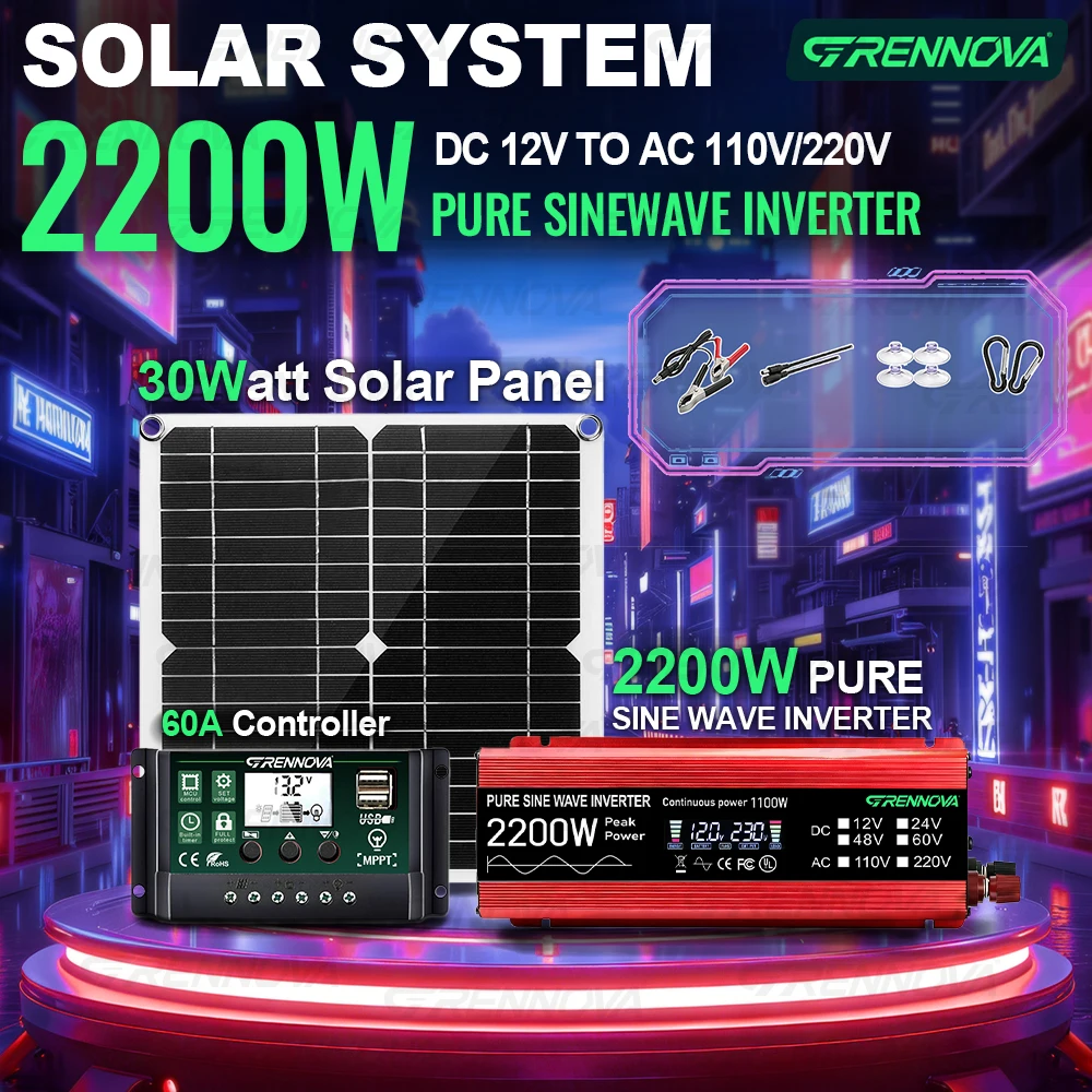 

Grennova 2200W Solar Panel Kit 30W Panel 2200W Pure Sine Wave Inverter MPPT Controller for Off-Grid Homes and Commercial Backup