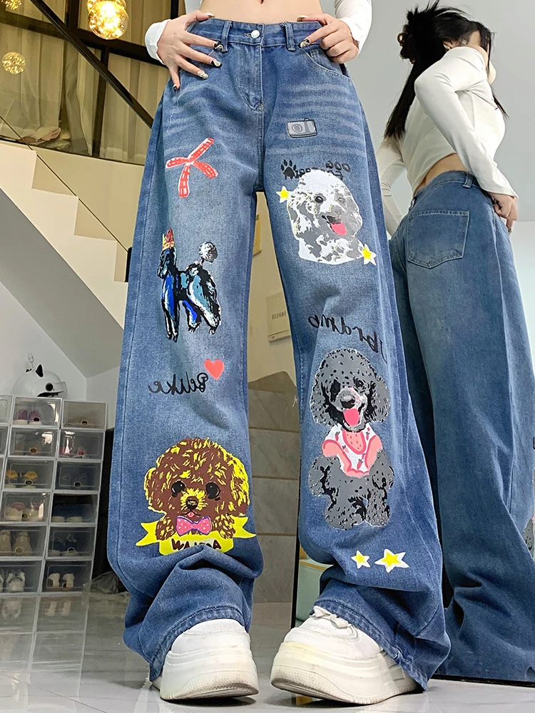 

Woman High Waist Straight Leg Denim Stacked Pants Girls Puppy Design Sense Blue Hip Hop Washed Painted Wide Leg Denim Trousers