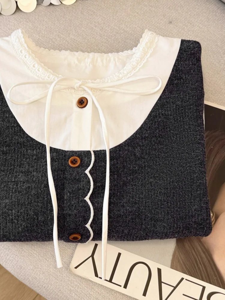 독특한 디자인 감각의 롱 슬리브 러플 트림 벨트 여성용 니트 탑, 봄 가을 겨울용, 달콤하고 루즈핏