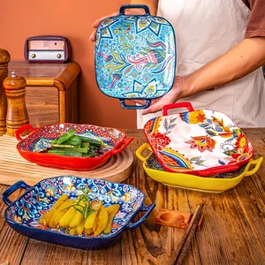 1 buah piring salad gaya Bohemian 9 inci dengan hidangan pasta keramik telinga ganda, dapat digunakan untuk oven, microwave 10 penjualan terbaik piring halloween keramik - №