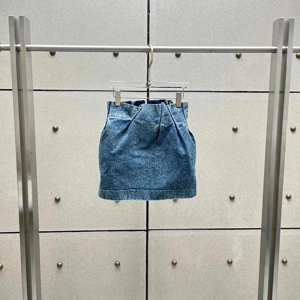 

Women 100% Cotton Denim Mini Skirt High Waist Pleated A-Line Skirt Vintage Washed Blue Short Skirt with Pockets Streetwear