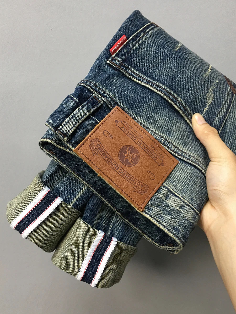 American Vintage Casual Heavy Washed Denim Jeans for Men Heavyweight Slim Fit Straight Pants High Street Fashion Autumn Scratch