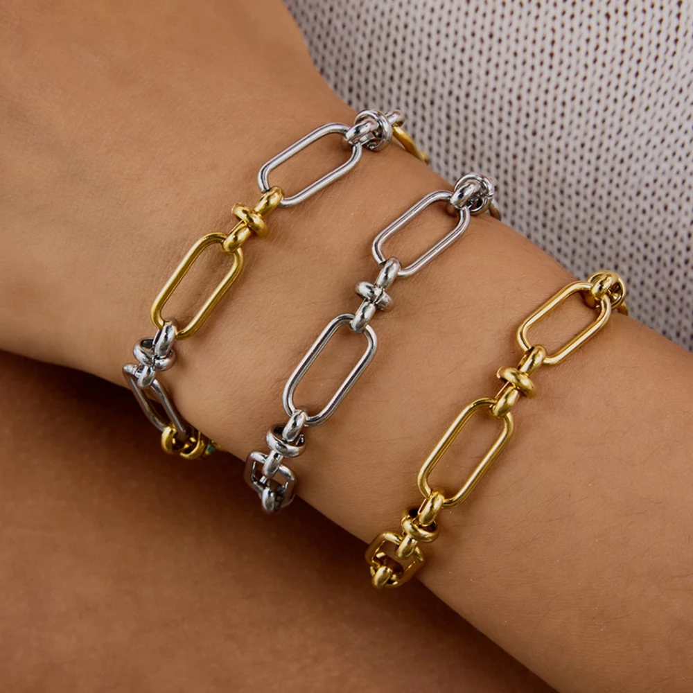 

2025 Fashion Minimalist Two tone Chain Bracelet 18K Gold Color Plated Stainless Steel Chain Stackable Bracelet Women's Jewelry