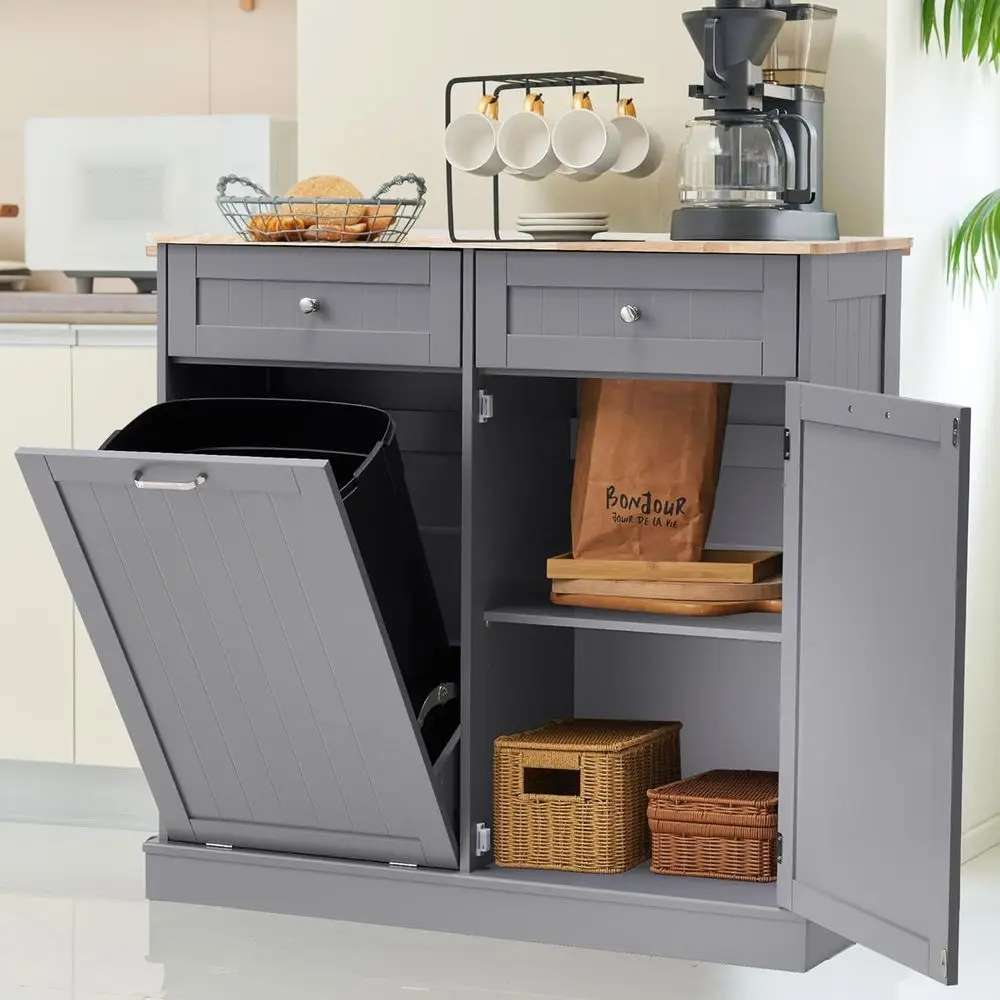 

13 Gallon Wooden Tilt-Out Trash Can Cabinet with Drawers, Pet-Resistant Laundry Hamper for Kitchen and Living Room (Grey)