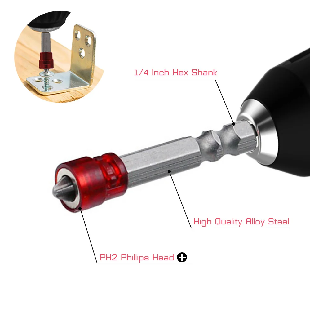 Embout de tournevis magnétique PH2, tête cruciforme, tige hexagonale de 1/4 pouces, anneau de support pour le travail à la maison, kit de tournevis