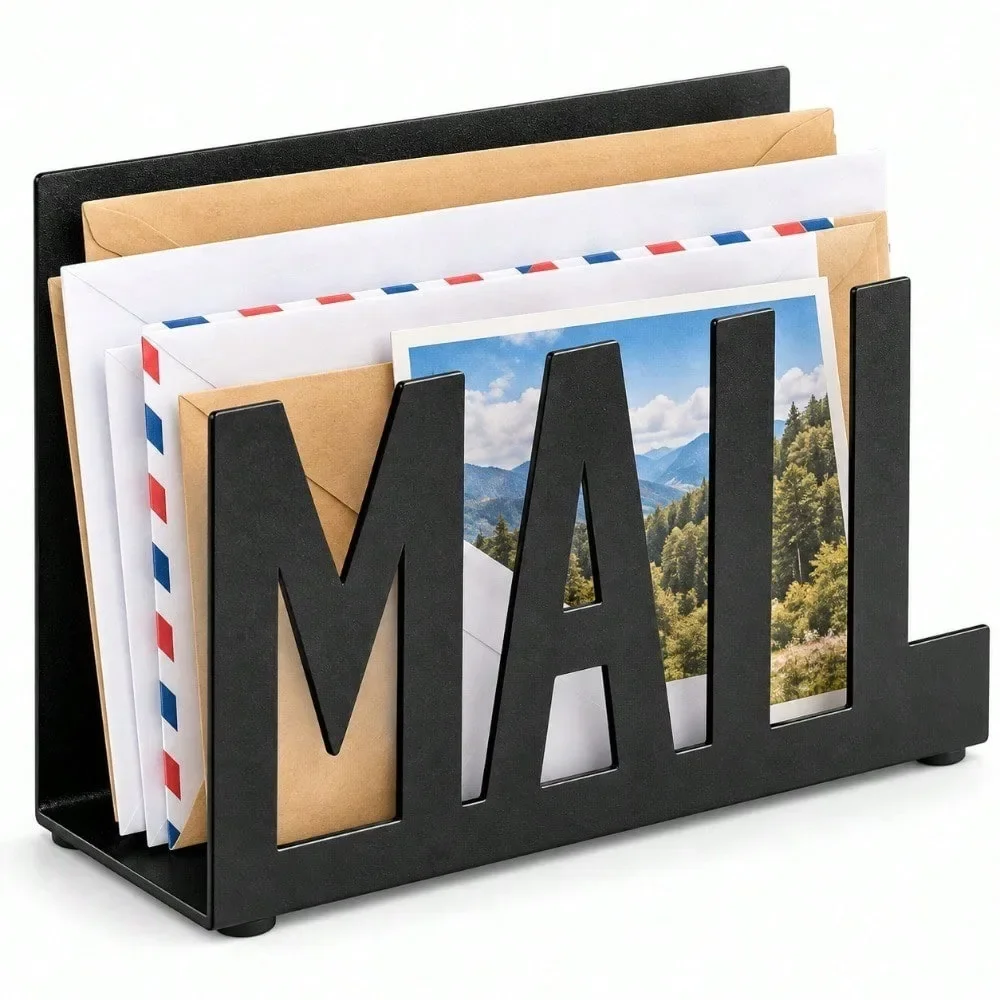 Minimalist Black Metal Mail Organizer, Modern Desktop Letter Holder With Cutout MAIL Design, Decorative Envelope Sorter For Home Office Desk, Entryway Countertop And Small Space Storage