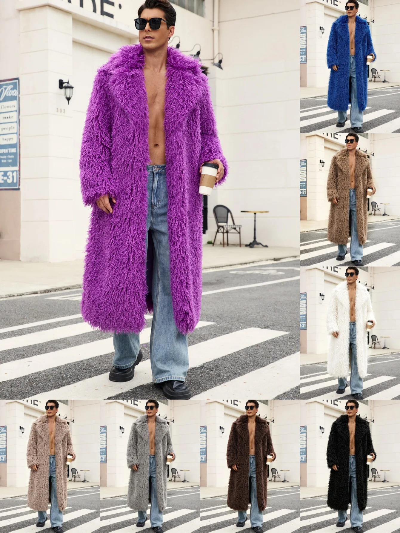 Men's Autumn Winter Faux Fur Coat with Suit Collar Ultra Long High Street Style Beach Wool Blend Men's Outerwear