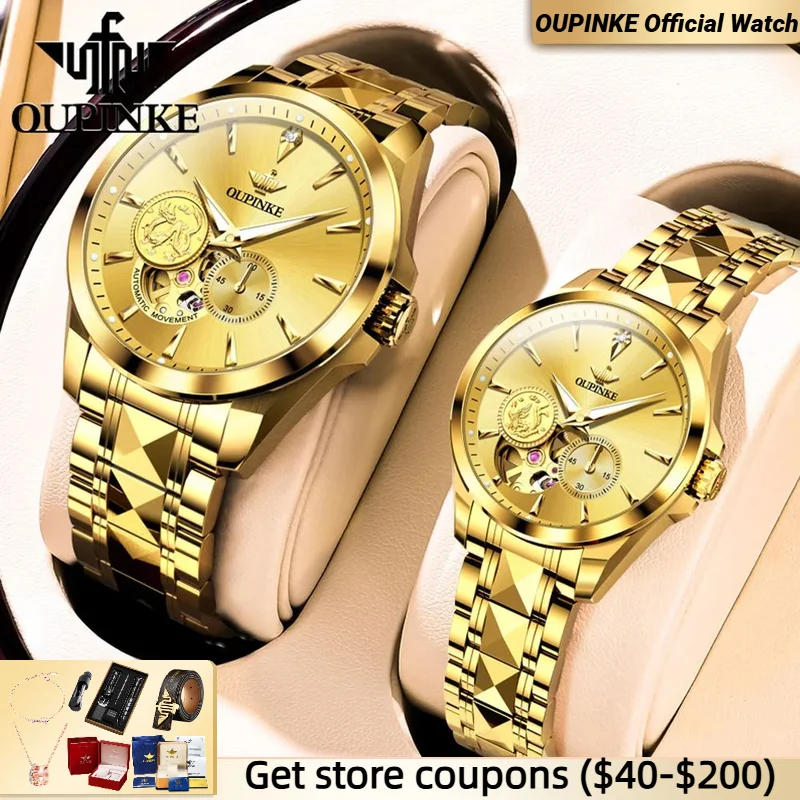 OUPINKE 3260 Real Diamond Mechanical Watch Men Women MIYOTA Automatic Movement Luxury Gold Watch Couple Real Gold Wristwatches