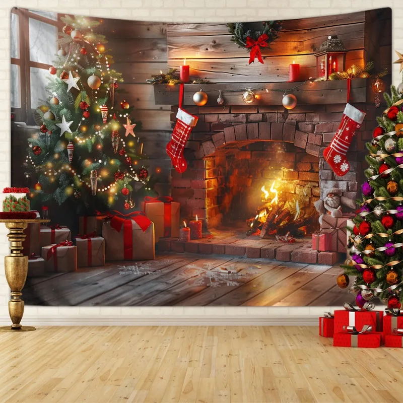 VIKAMA Wooden Fireplace Fire Christmas Tree Tapestry, HD Print Wall Hanging for Living Room Cozy Holiday Decor