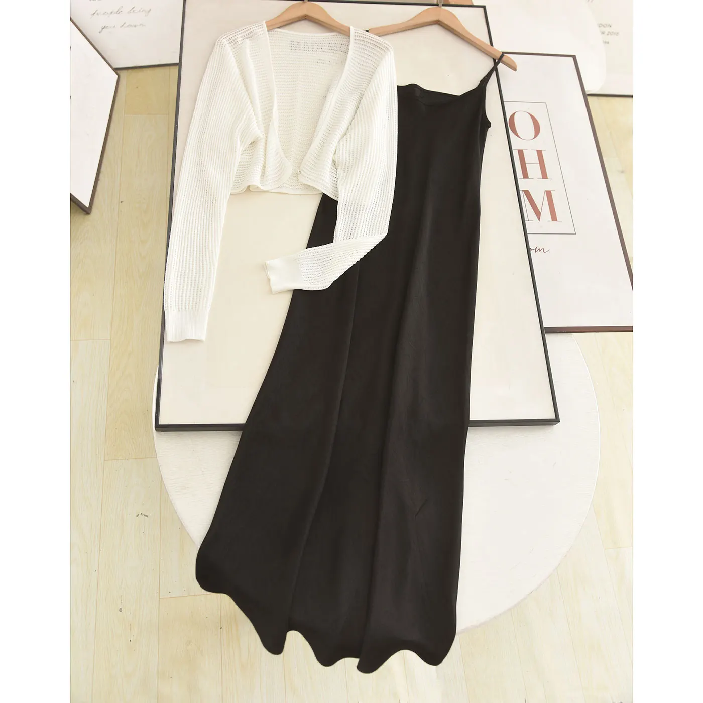

McSystem White Hollow out Shawl Cardigan Black Drapey Satin Strap Dress Two Piece Set Women's Fashion Summer Long Sleeve Set