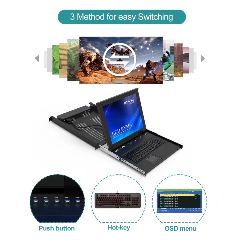 Switch KVM LCD da 17 pollici con 16 porte VGA + 16 cavi, MT-VIKI 1U 16x1 Rack LCD KVM Switch Console Drawer