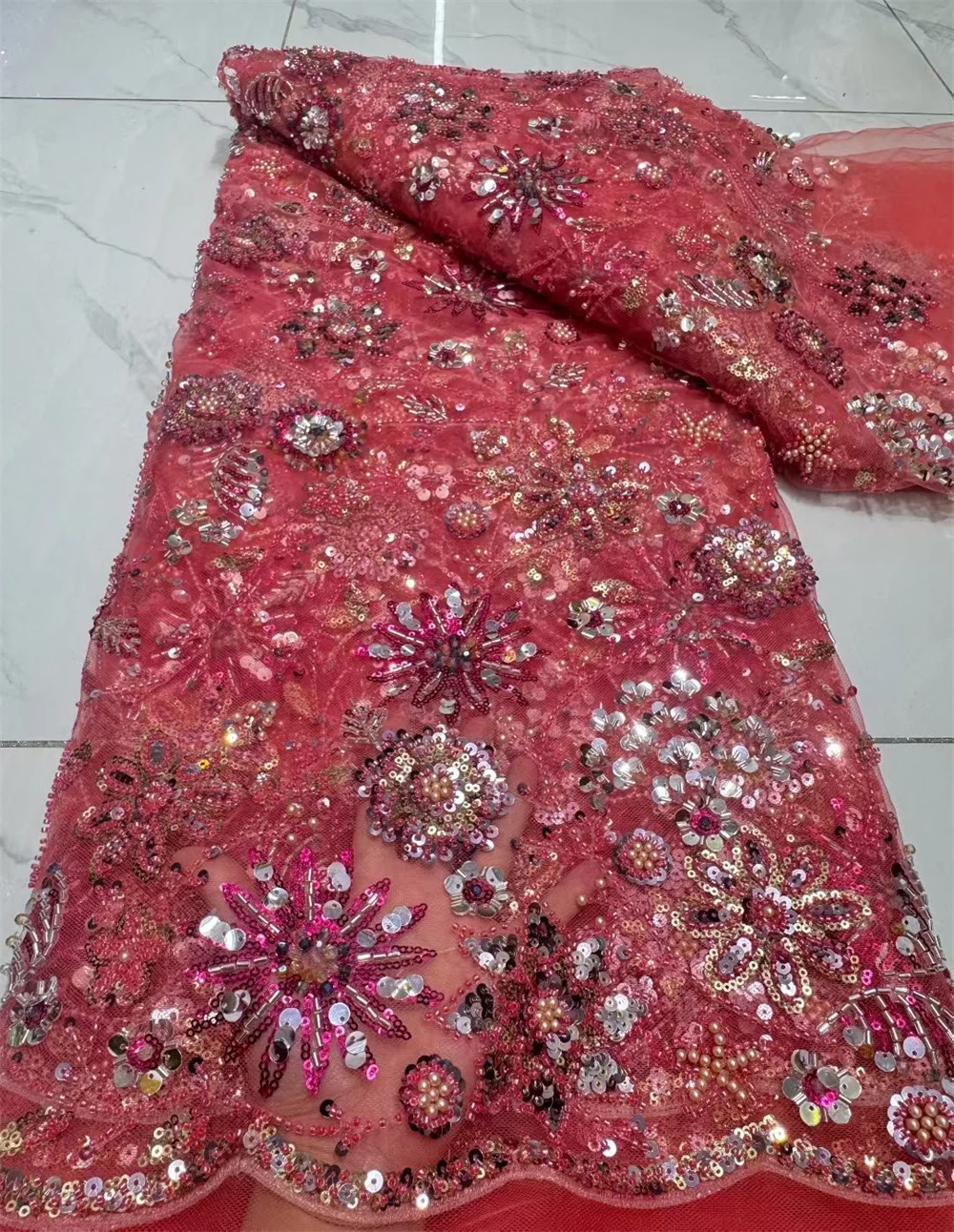 

Luxury Handmade Beads Lace Fabric High 5Yards Quality 2025 African Fabric Lace With Sequins Lace Trim Fabrics For Sewing A1253-1