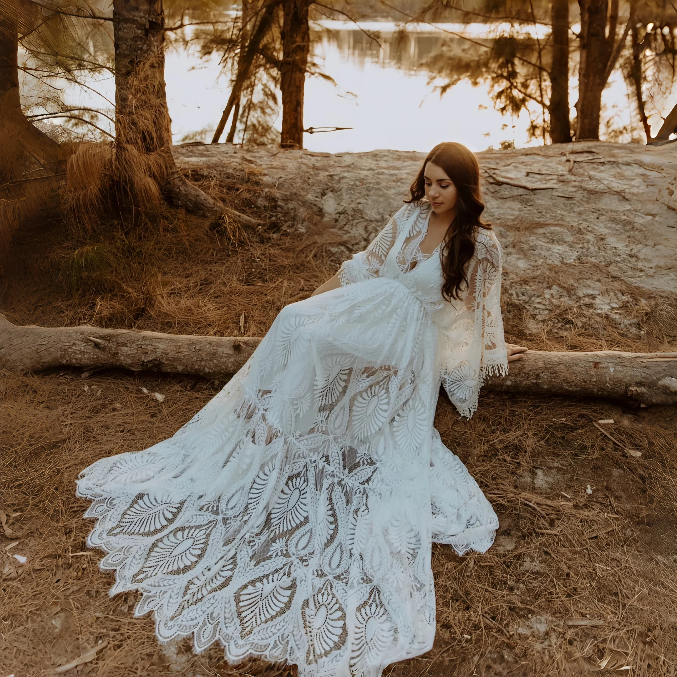 Boho Eyelashes Lace See Through Maternity Photo Shoot Long Dress V-neck Lace Pregnancy Photography Maxi Dress