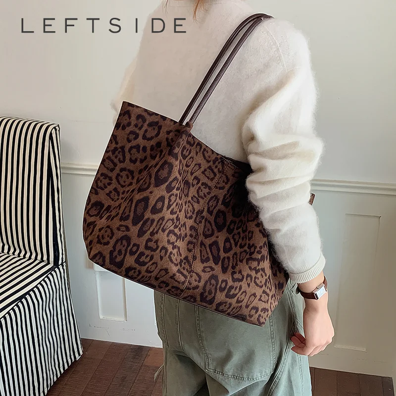 LEFTSIDE Vintage Leopard Print Tote Shoulder Bag 2026 Winter New Trend Soft Large Capacity Women Casual Daily Fashion Handbags