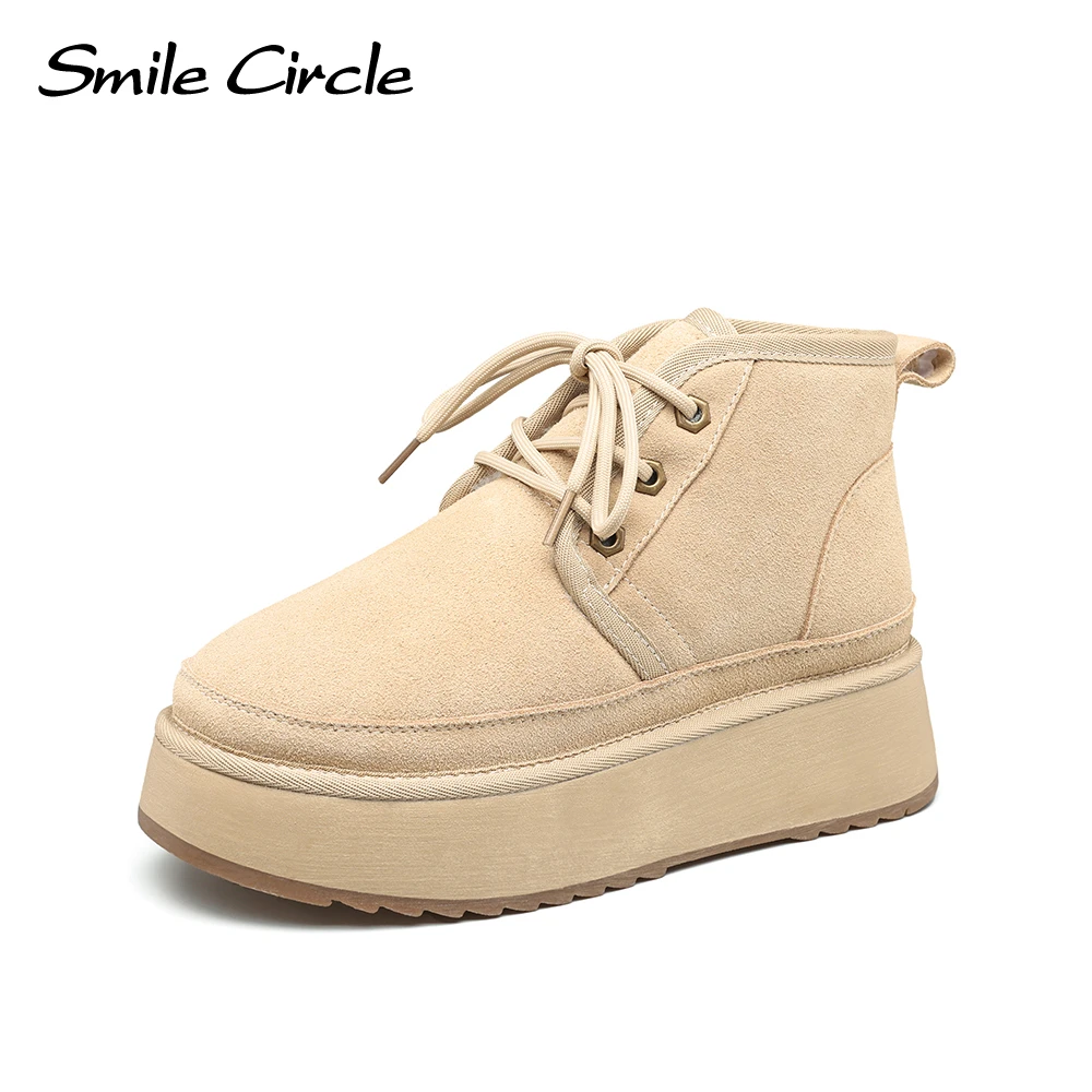 Smile Circle Snow Boots Women Suede Lace Up Thick Bottom Boots Warm Fashion Casual Shoes