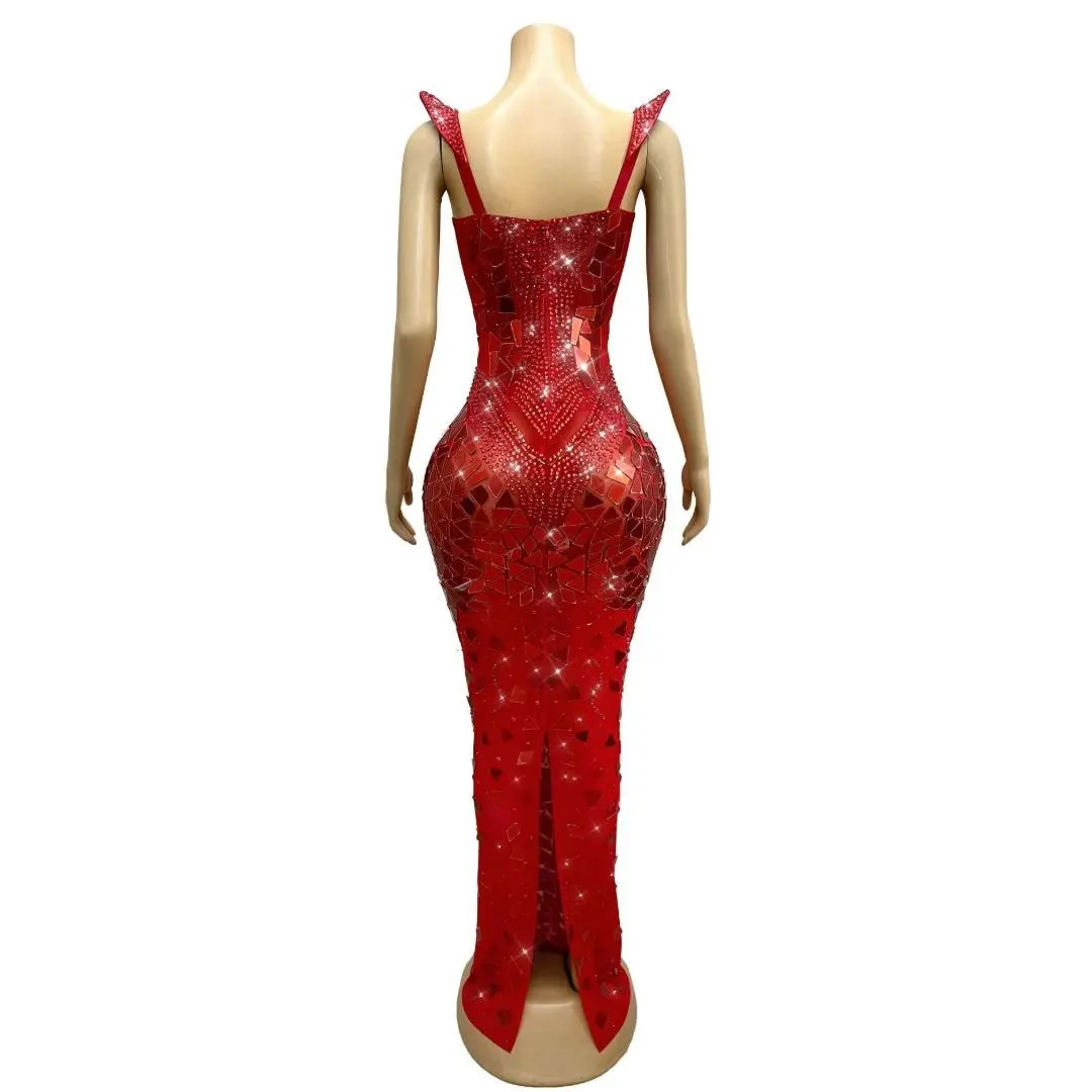 Sexy Red Gold Sparkly Rhinestones Mirrors Suspenders Dress Birthday Party Elegant Gowns Red carpet Show Photoshoot Stage Wear view 2